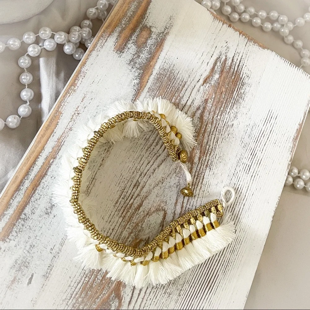 Boho White Ankle Bracelet with Antique Gold Finish